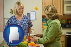 alabama map icon and a nutritionist discussing food choices with client