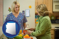 arizona map icon and a nutritionist discussing food choices with client