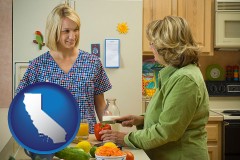 california map icon and a nutritionist discussing food choices with client
