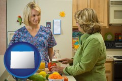 colorado map icon and a nutritionist discussing food choices with client