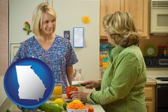 georgia map icon and a nutritionist discussing food choices with client
