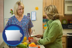 iowa map icon and a nutritionist discussing food choices with client