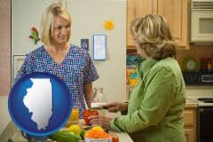 illinois map icon and a nutritionist discussing food choices with client