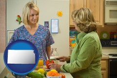 kansas map icon and a nutritionist discussing food choices with client
