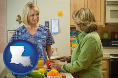 louisiana map icon and a nutritionist discussing food choices with client
