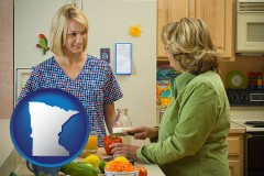 minnesota map icon and a nutritionist discussing food choices with client