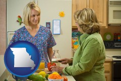 missouri map icon and a nutritionist discussing food choices with client