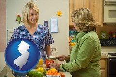 new-jersey map icon and a nutritionist discussing food choices with client