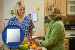new-mexico map icon and a nutritionist discussing food choices with client