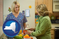 new-york map icon and a nutritionist discussing food choices with client