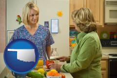 oklahoma map icon and a nutritionist discussing food choices with client