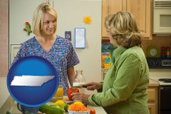 tennessee map icon and a nutritionist discussing food choices with client