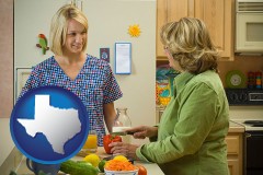 texas map icon and a nutritionist discussing food choices with client