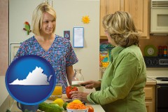 virginia map icon and a nutritionist discussing food choices with client