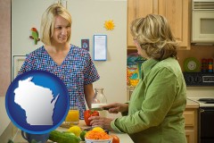 wisconsin map icon and a nutritionist discussing food choices with client
