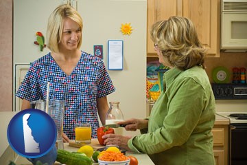 a nutritionist discussing food choices with client - with Delaware icon