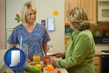 a nutritionist discussing food choices with client - with Indiana icon