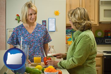 a nutritionist discussing food choices with client - with Oregon icon