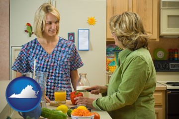 a nutritionist discussing food choices with client - with Virginia icon
